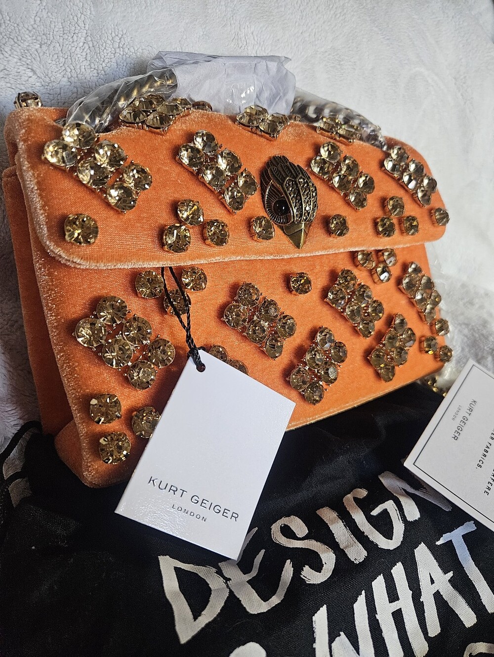 Kurt Geiger Orange Velvet Mini Bag with Crystal Embellishments - Picture 12 of 12